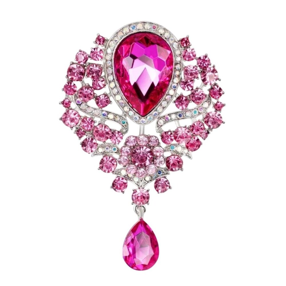 Victorian Style Pink Rhinestone Brooch Teardrop Silver Tone